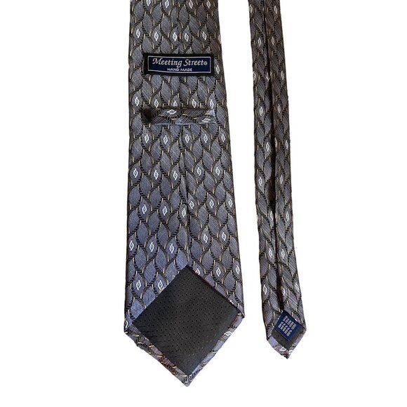 Meeting Street Mens Silk Necktie Geometric Grey Blue Gold Handmade Corpcore Dad - Picture 4 of 5
